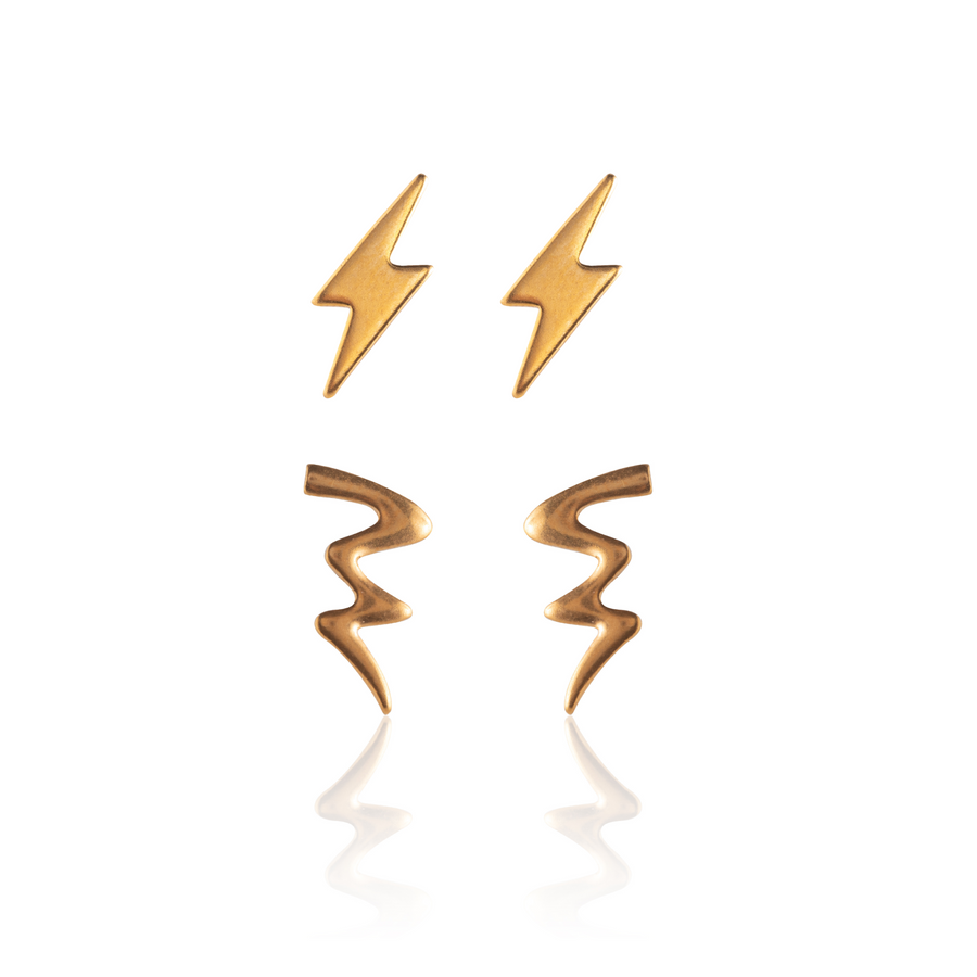 Gold Lightning Bolt and Cyclone Stud Earrings 2 Pairs