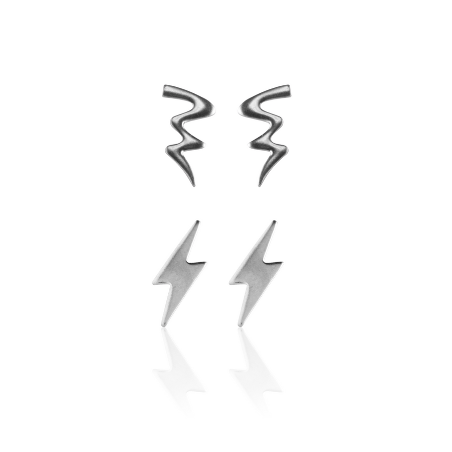 Silver Lightning Bolt and Cyclone Stud Earrings 2 Pairs