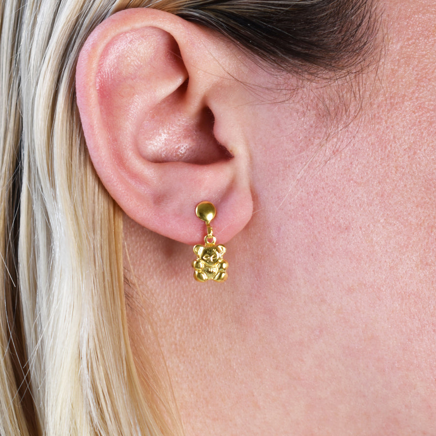 Gold Teddy Bear Drop Earrings