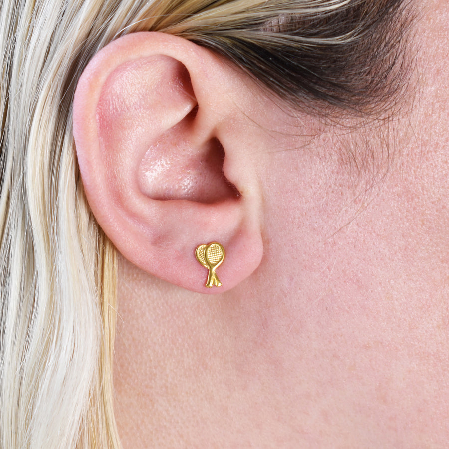 Gold Tennis Racket Stud Earrings