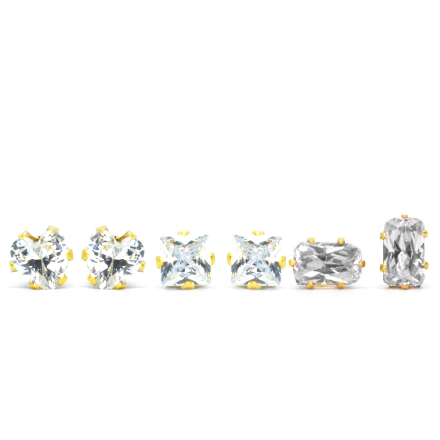 Clear Cubic Zirconia Shapes Earrings 3 Pairs in Gold