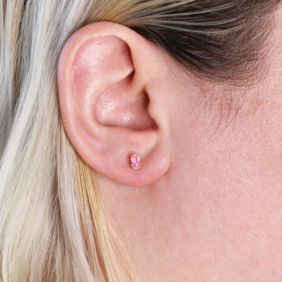 5mm Pink Rectangle Cubic Zirconia Earrings in Gold
