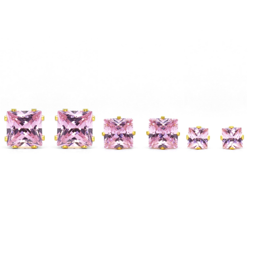 Pink Square Cubic Zirconia Earrings in Gold 3 Pairs