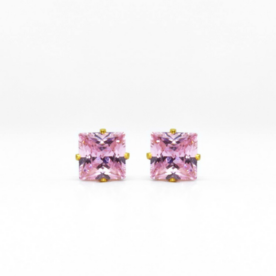 Wholesale | 6mm Pink Square Cubic Zirconia Earrings in Gold