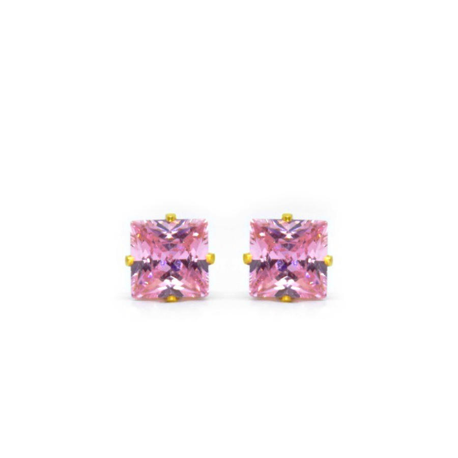 6mm Pink Square Cubic Zirconia Earrings in Gold