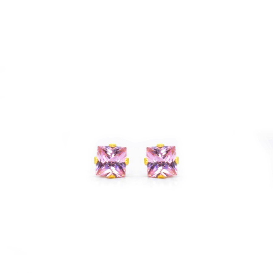 4mm Pink Square Cubic Zirconia Earrings in Gold