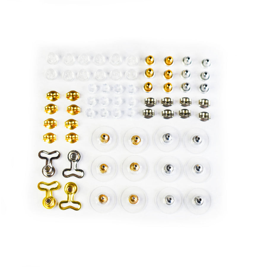 Earring backs of various styles and colors lined up in a square. 