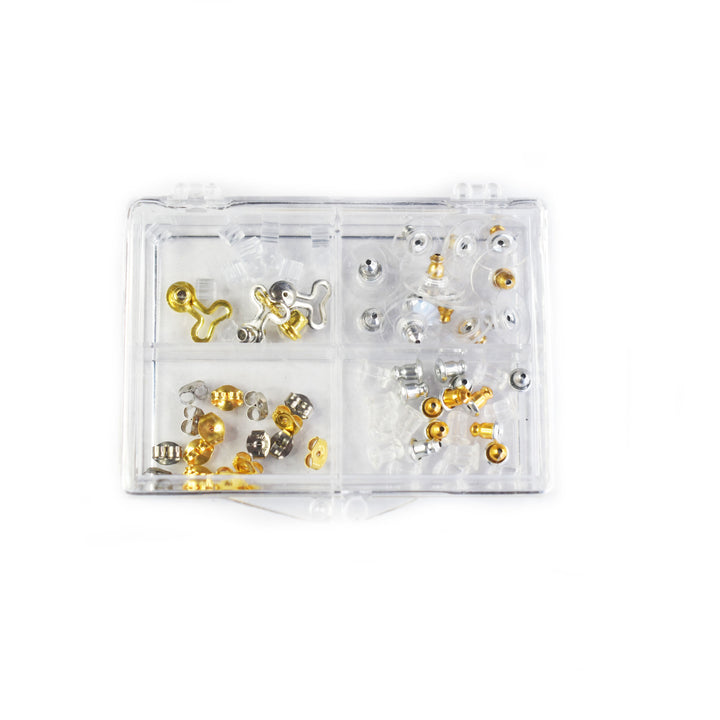 A four compartment clear plastic box with multiple earring back styles on each compartment.