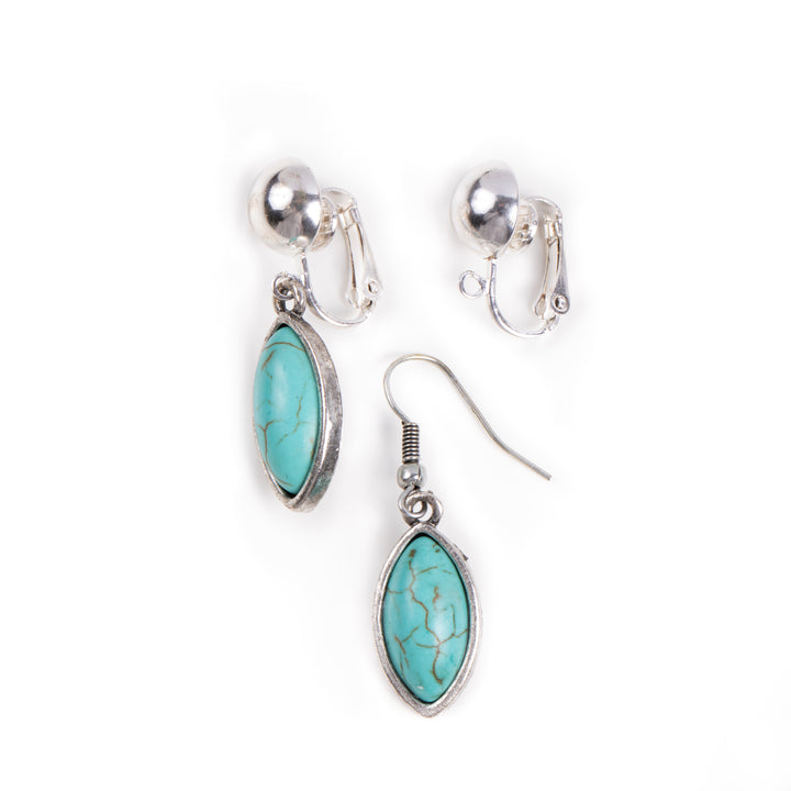 two fish hook to clip on earring converters in silvertone showing before and after using converters with turquoise dangle earrings on a white background