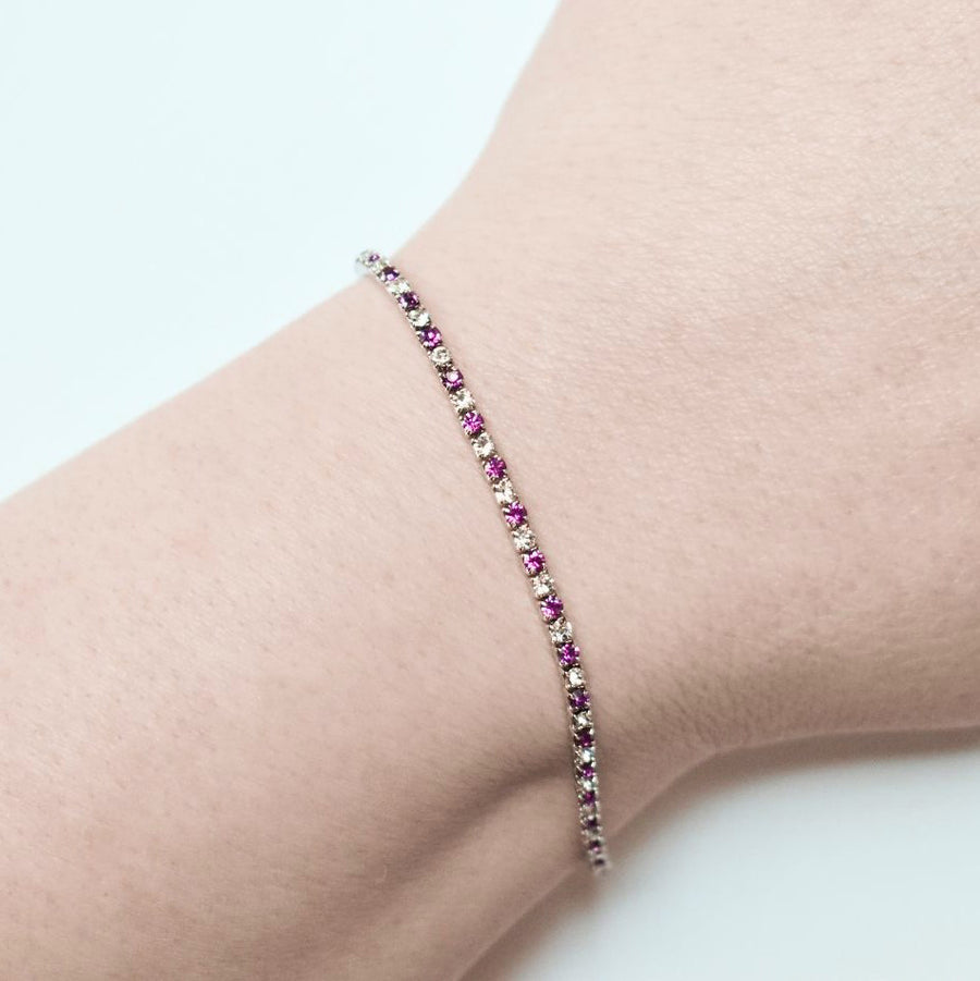Silver Tennis Bracelet with Fuchsia and Clear Austrian Crystals
