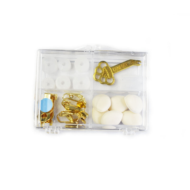 Three types of Clip Earring Converters, three types of Clip Earring Cushions, and a Tension Key in a plastic compartment box against a white background.