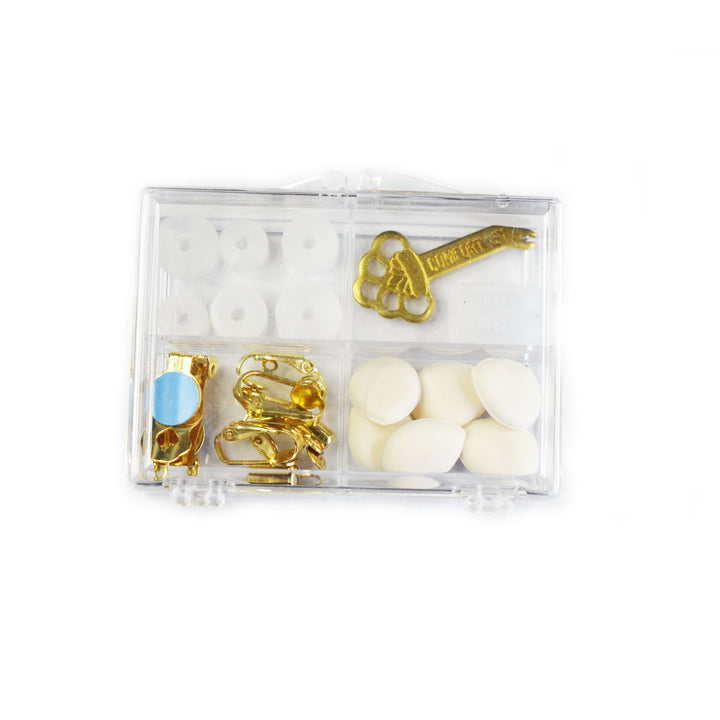 Three types of Clip Earring Converters, three types of Clip Earring Cushions, and a Tension Key in a plastic compartment box against a white background.