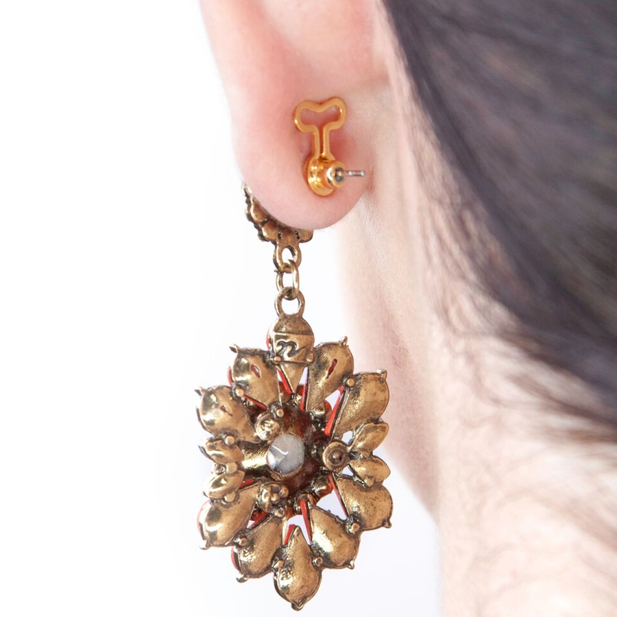 the back of an ear showing how a T-back T-shaped earring backs fits behind an earlobe when used with a stud earring.