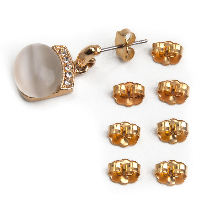 8 gold plated stainless steel butterfly friction earring backs with one earring, set with 5 clear gemstones and 1 large tiger eye-look stone against a white background