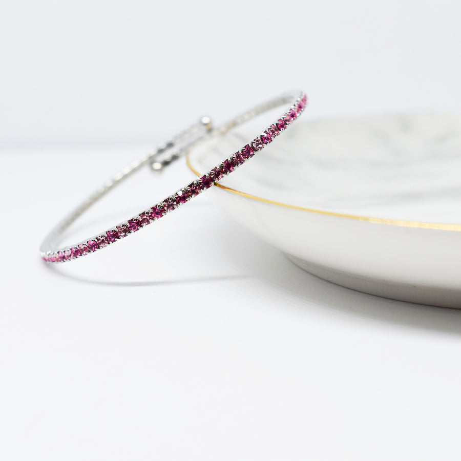 Silver Bangle Bracelet with Rose Peach and Light Rose Pink Austrian Crystals