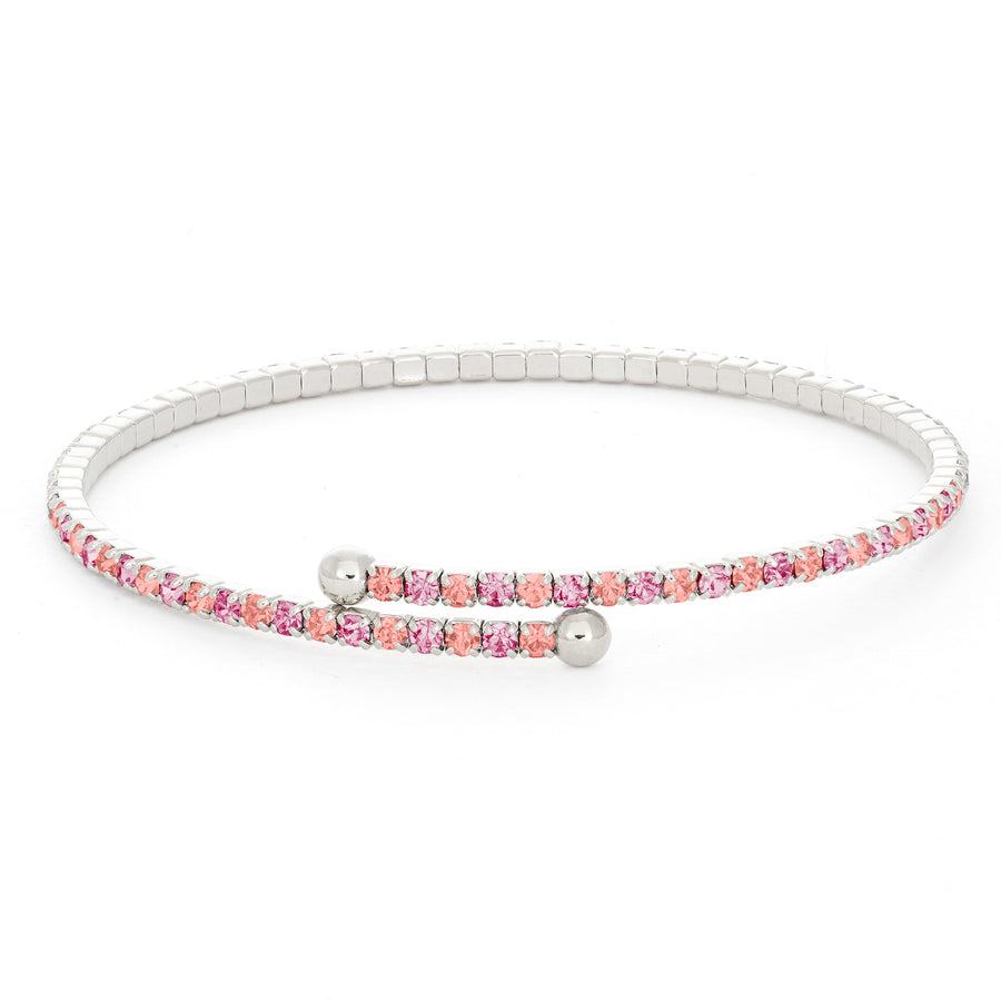 Silver Bangle Bracelet with Rose Peach and Light Rose Pink Austrian Crystals