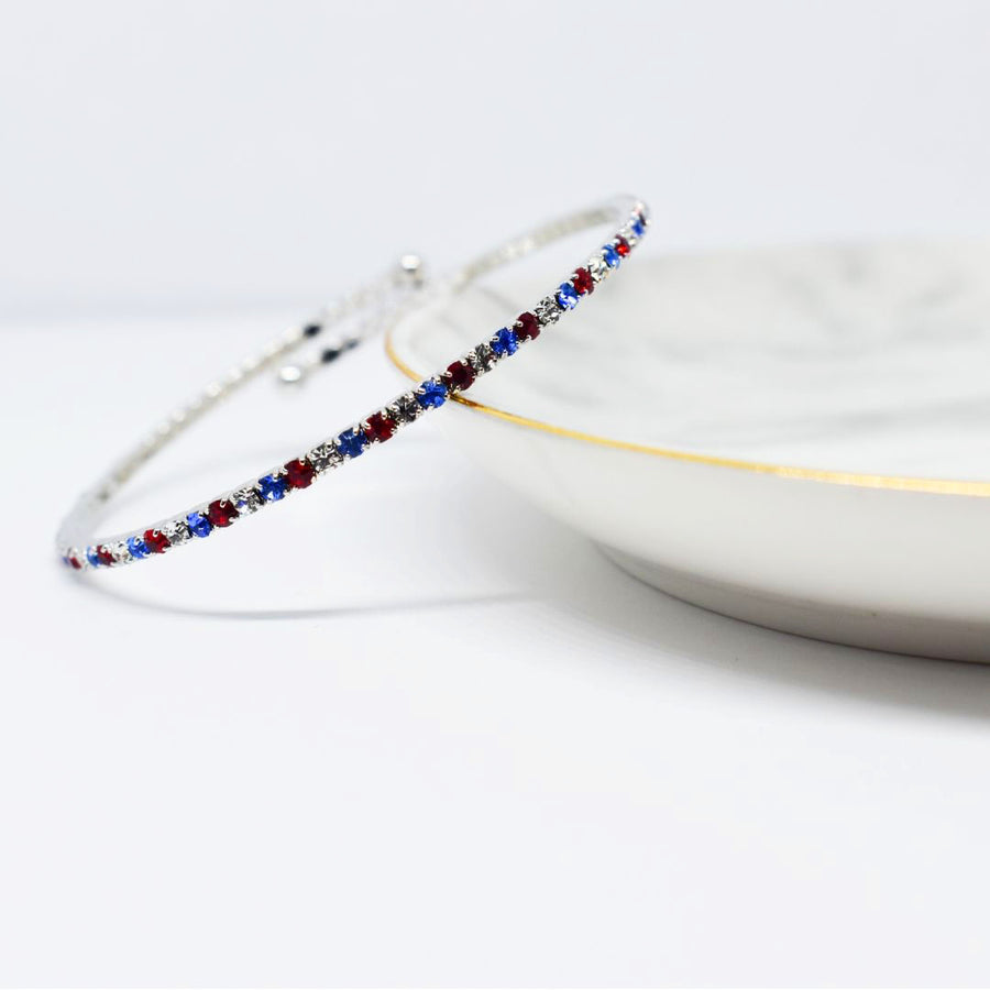 Silver Bangle Bracelet with Red White and Blue Austrian Crystals