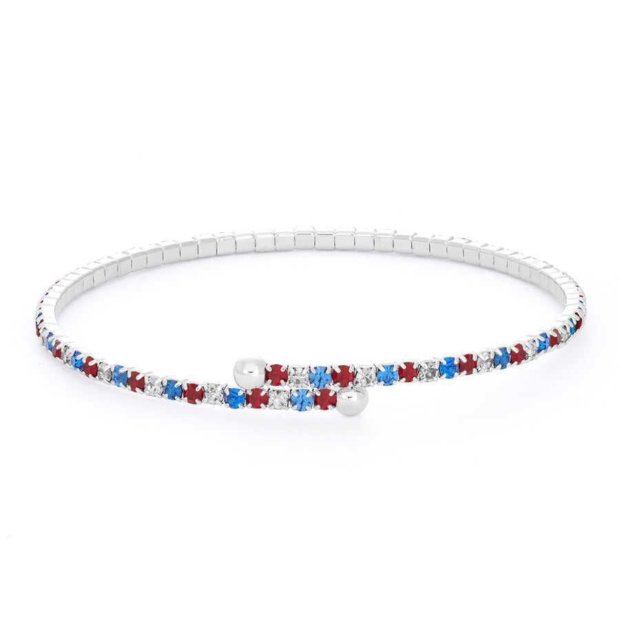 Silver Bangle Bracelet with Red White and Blue Austrian Crystals