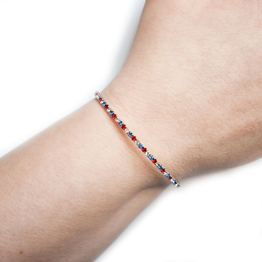 Silver Bangle Bracelet with Red White and Blue Austrian Crystals