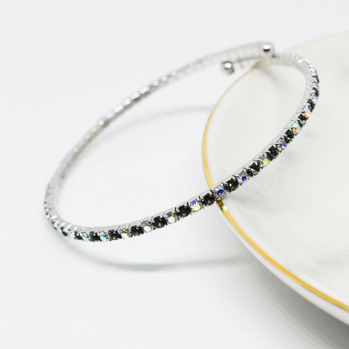 Silver Bangle Bracelet with Topaz and Iridescent Austrian Crystals