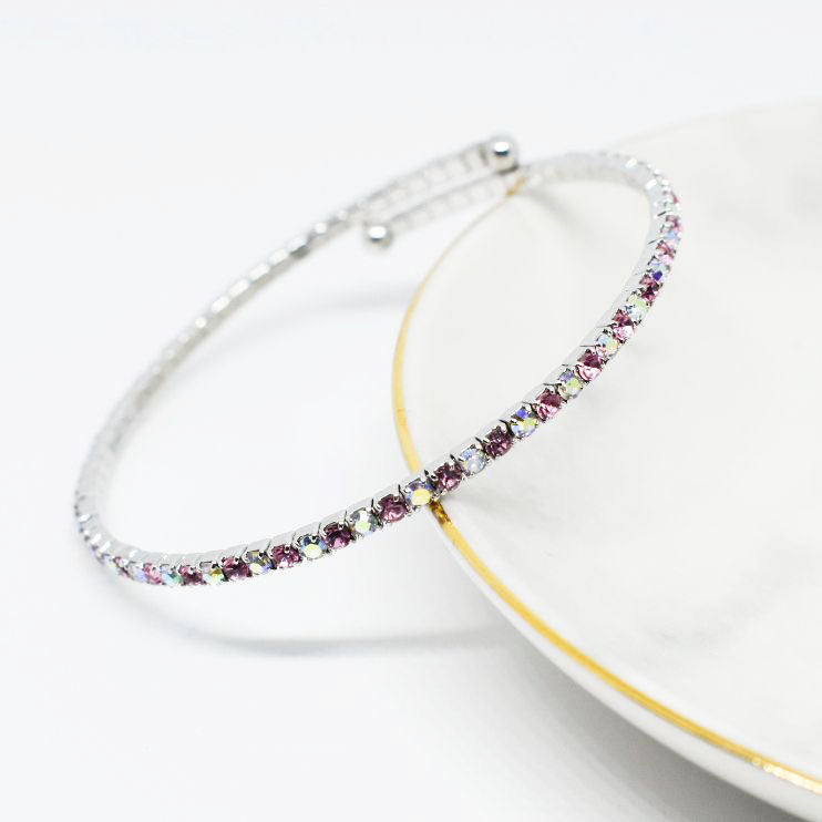 Silver Bangle Bracelet with Rose Pink and Iridescent Austrian Crystals