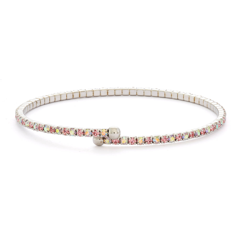 Silver Bangle Bracelet with Rose Pink and Iridescent Austrian Crystals