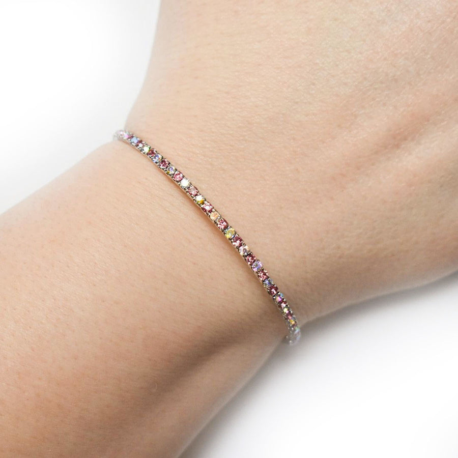 Silver Bangle Bracelet with Rose Pink and Iridescent Austrian Crystals