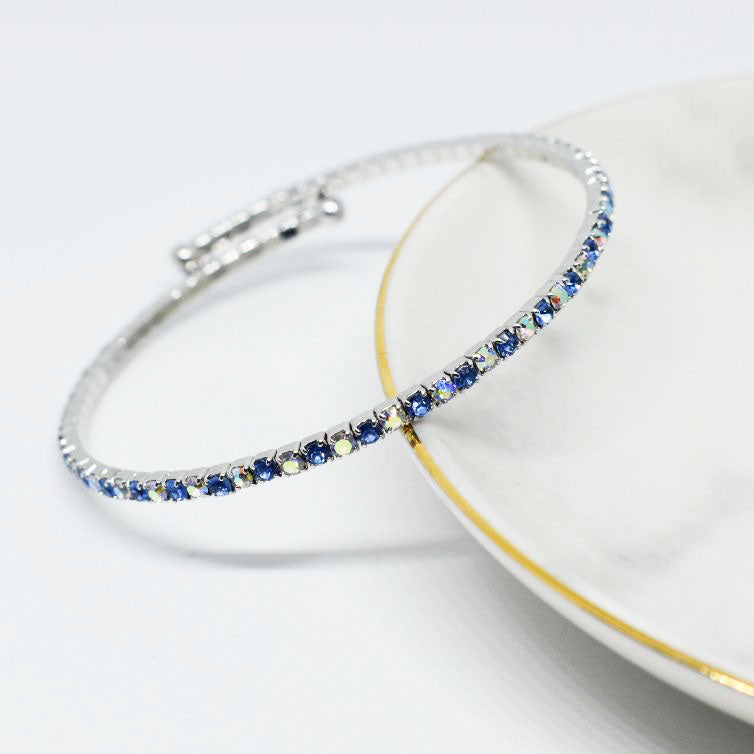 Silver Bangle Bracelet with Light Sapphire and Iridescent Austrian Crystals