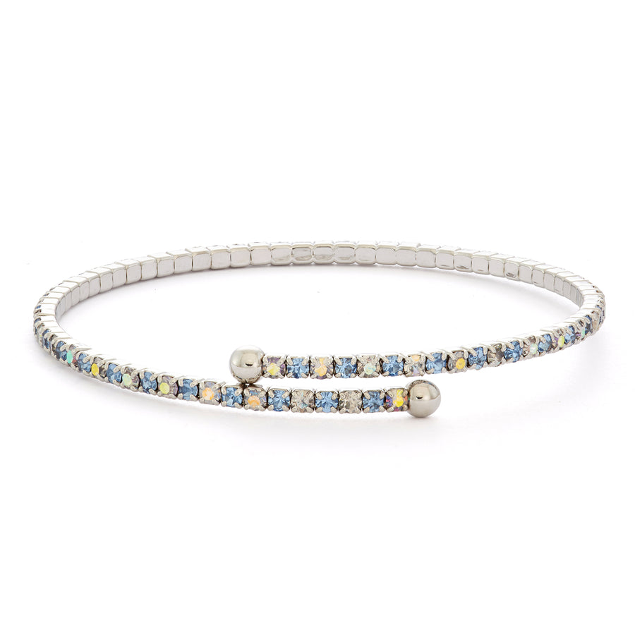 Silver Bangle Bracelet with Light Sapphire and Iridescent Austrian Crystals