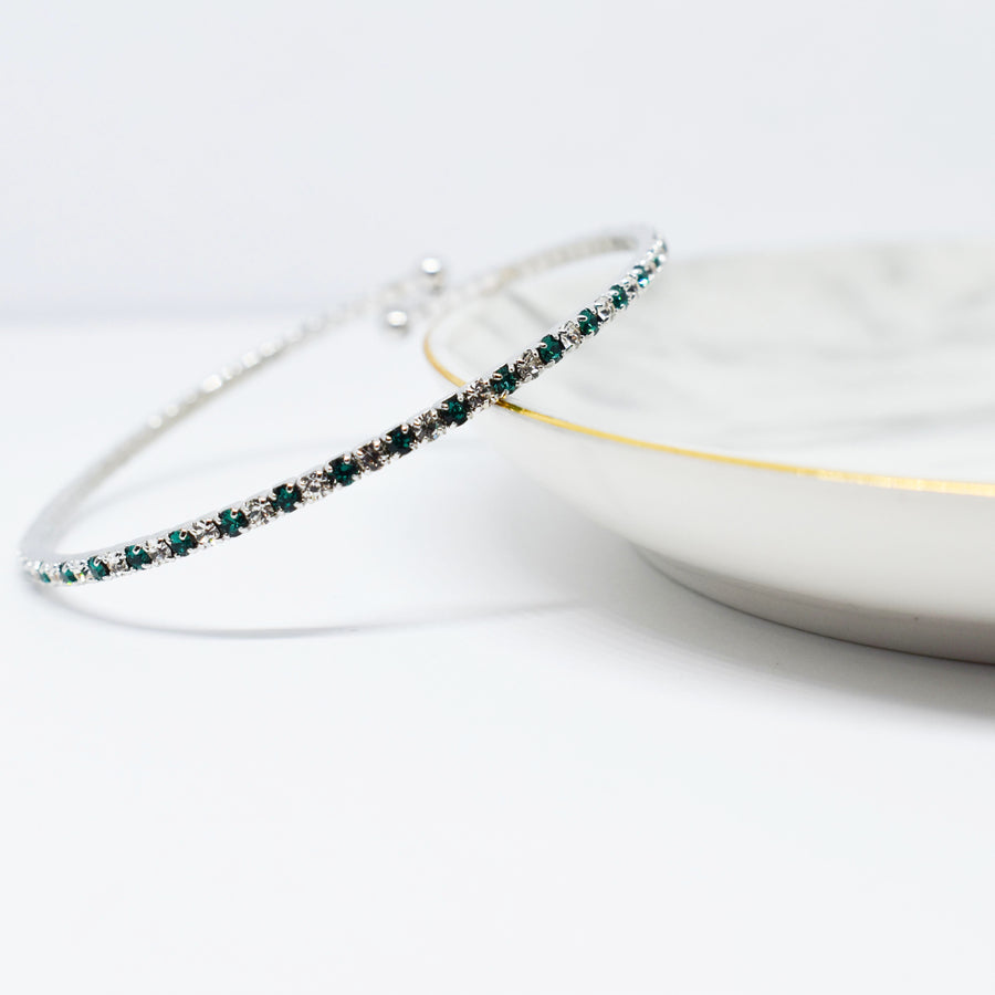 Silver Bangle Bracelet with Emerald and Clear Austrian Crystals