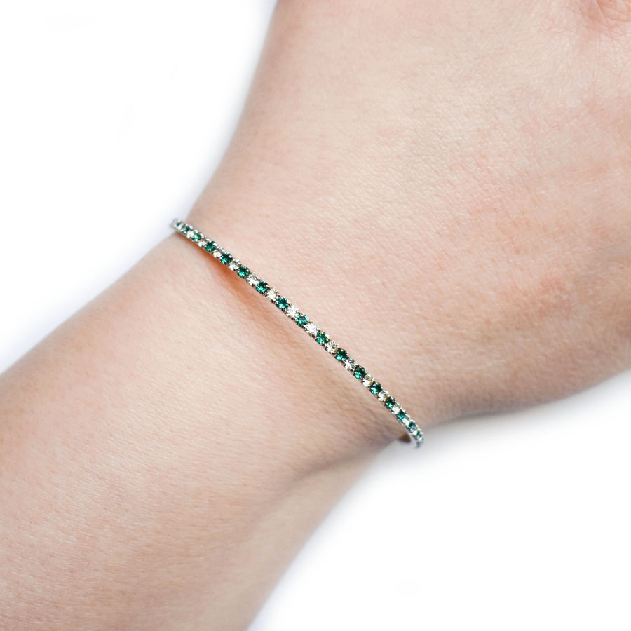 Silver Bangle Bracelet with Emerald and Clear Austrian Crystals