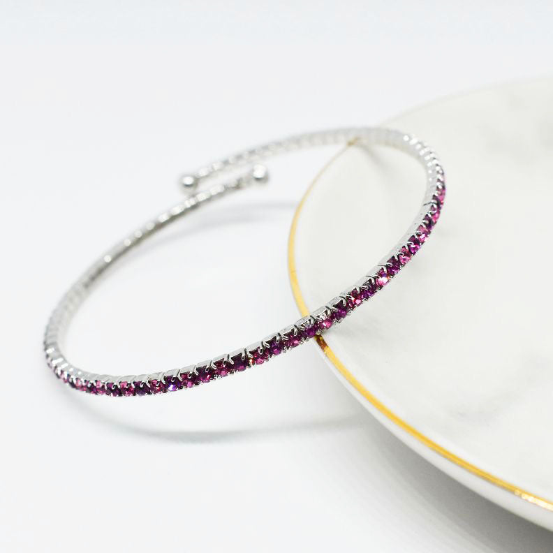 Silver Bangle Bracelet with Fuchsia and Rose Pink Austrian Crystals