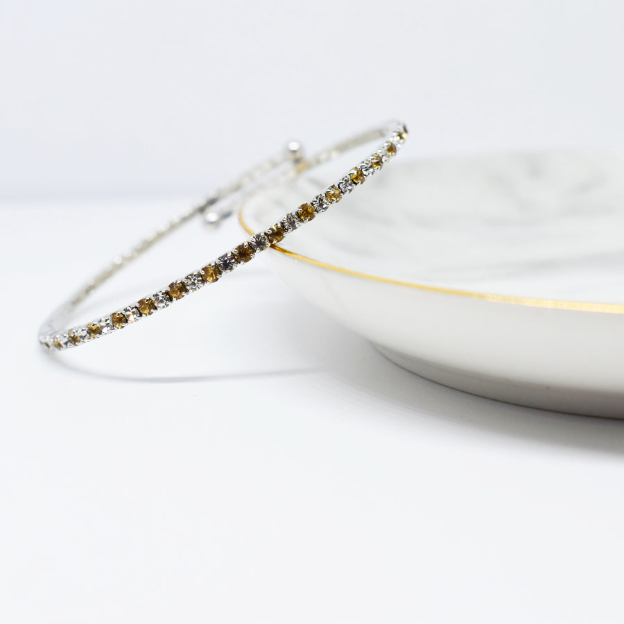 Silver Bangle Bracelet with Light Topaz and Clear Austrian Crystals