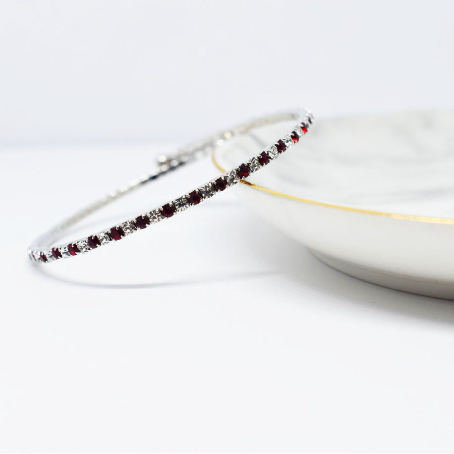 Silver Bangle Bracelet with Red and Clear Austrian Crystals