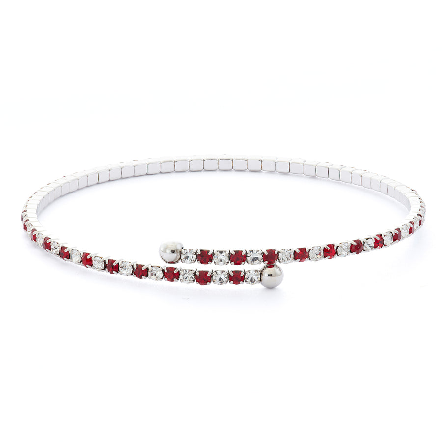 Silver Bangle Bracelet with Red and Clear Austrian Crystals