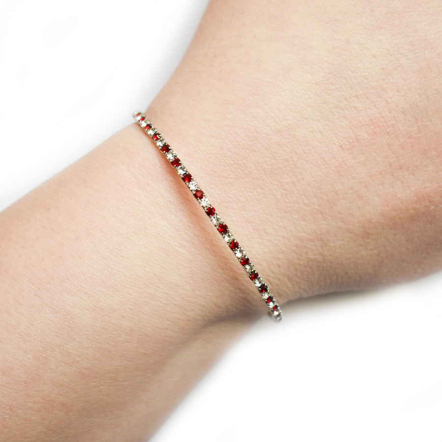 Silver Bangle Bracelet with Red and Clear Austrian Crystals