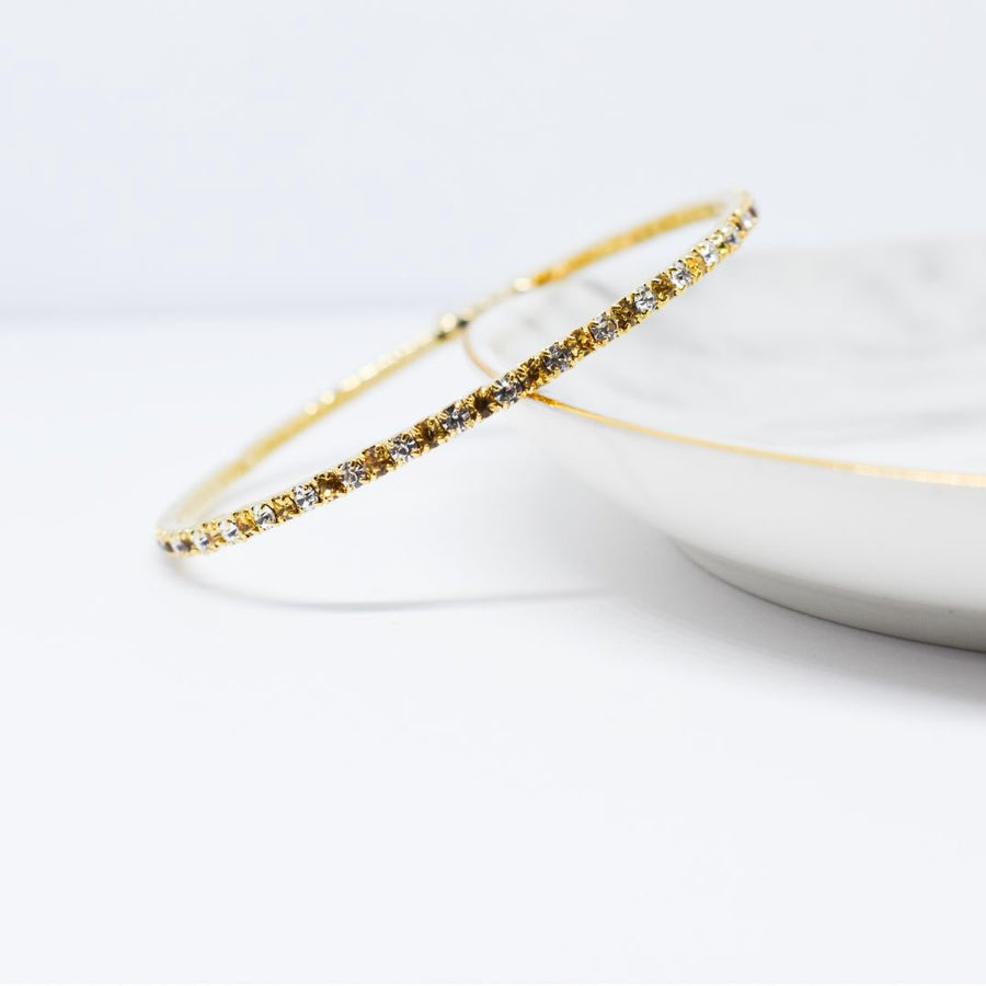 Gold Bangle Bracelet with Light Topaz and Clear Austrian Crystals