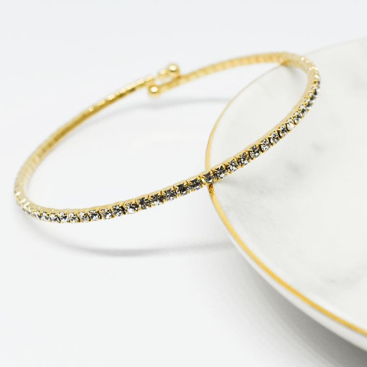 Gold Bangle Bracelet with Clear Austrian Crystals