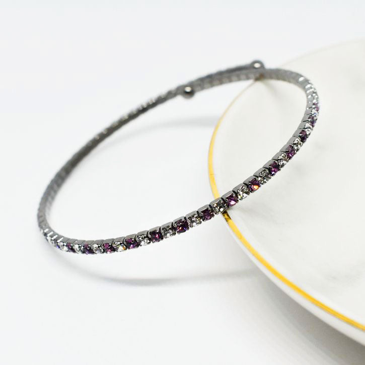 Black Rhodium Bangle Bracelet with Amethyst and Clear Austrian Crystals
