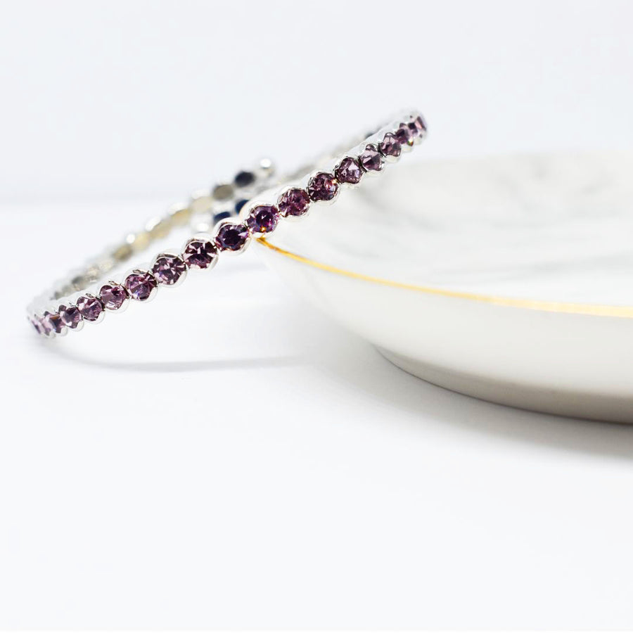 Silver Bangle Bracelet with Light Amethyst Austrian Crystals