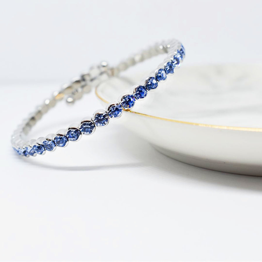 Silver Bangle Bracelet with Large Light Sapphire Austrian Crystals