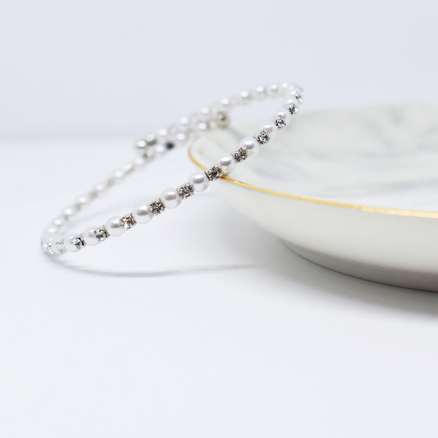 Silver Bangle Bracelet with Clear Austrian Crystals and Pearl Beads