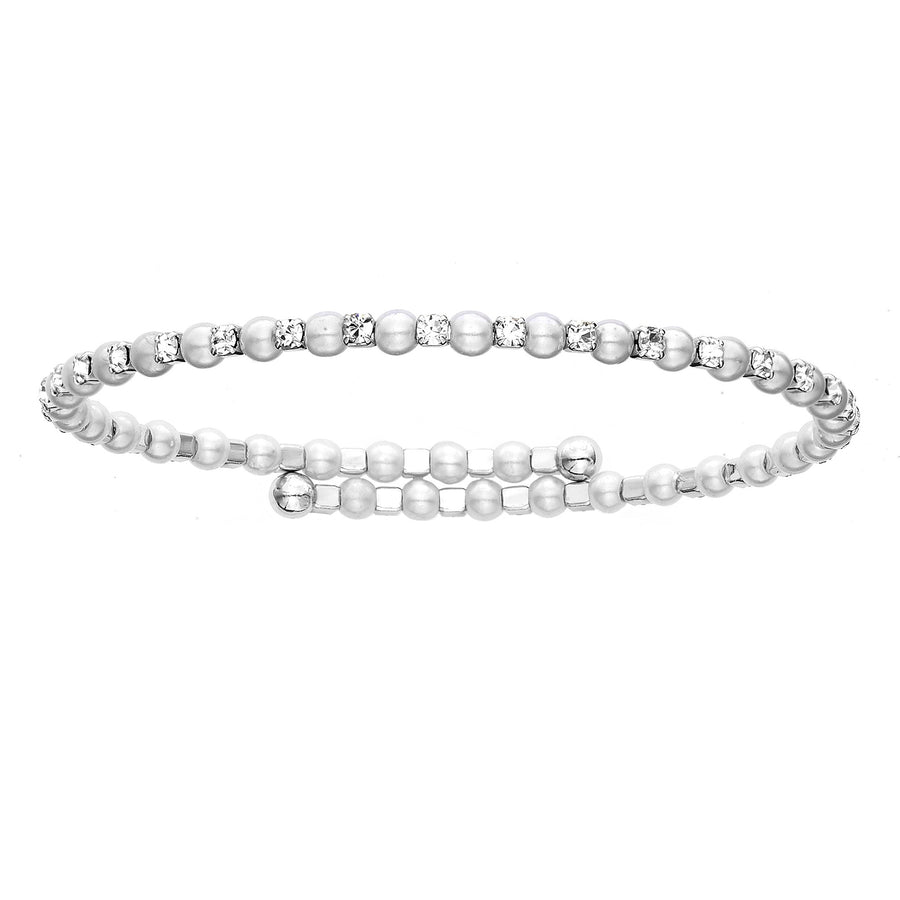 Silver Bangle Bracelet with Clear Austrian Crystals and Pearl Beads