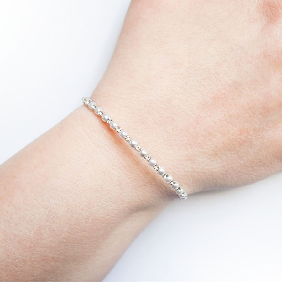 Silver Bangle Bracelet with Clear Austrian Crystals and Pearl Beads