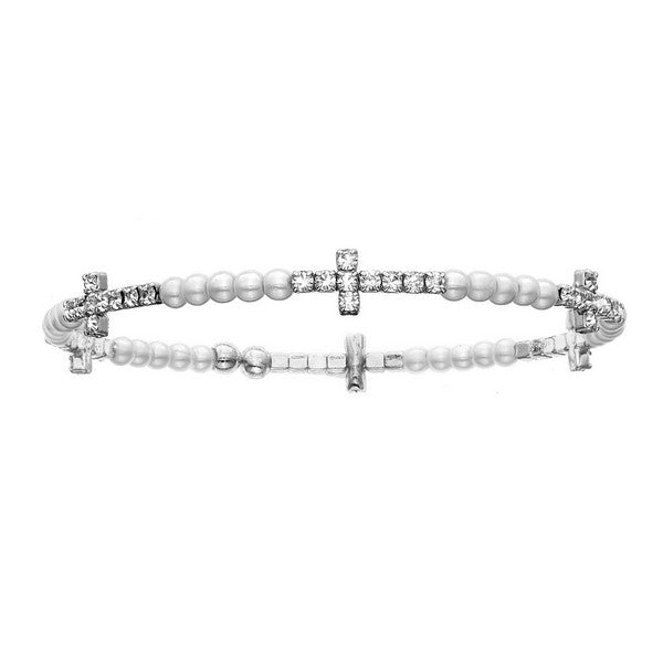 Silver Bangle Bracelet with Clear Austrian Crystal Crosses and Pearl Beads