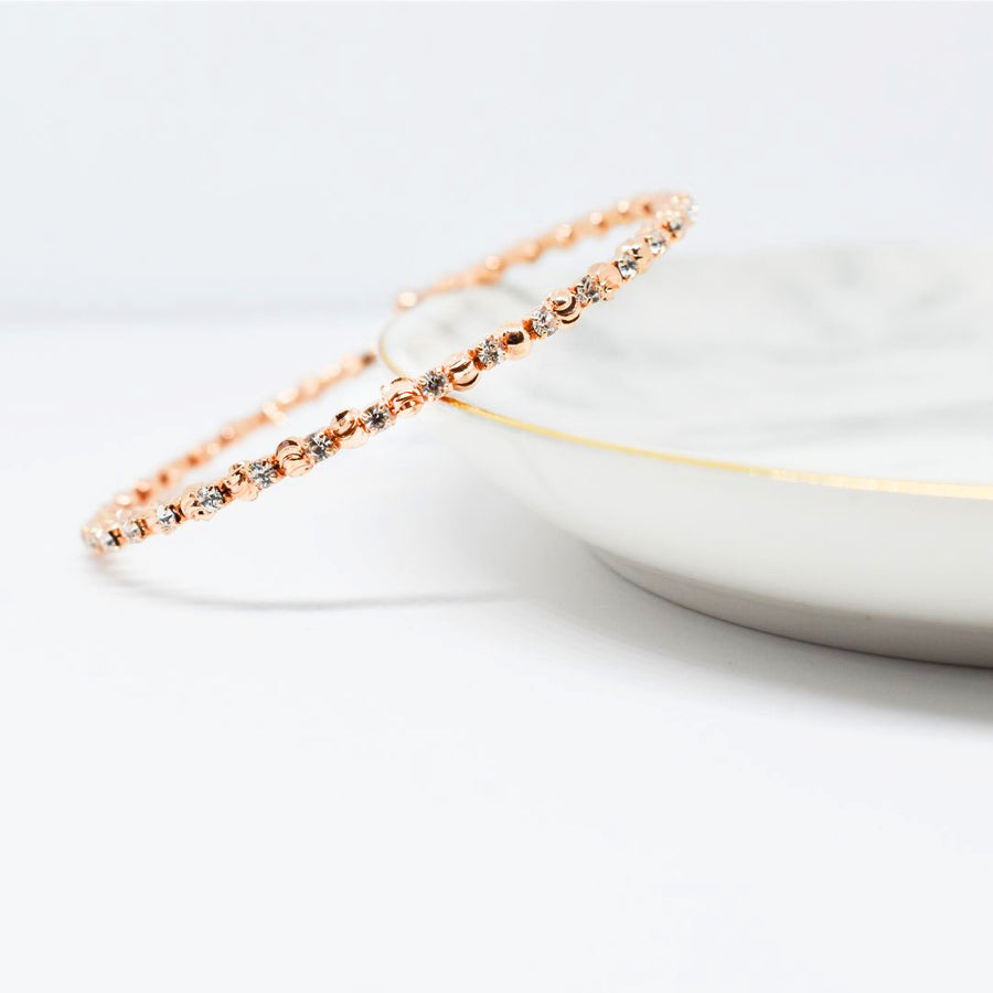 Rose Gold Bangle Bracelet with Clear Austrian Crystals and Textured Beads