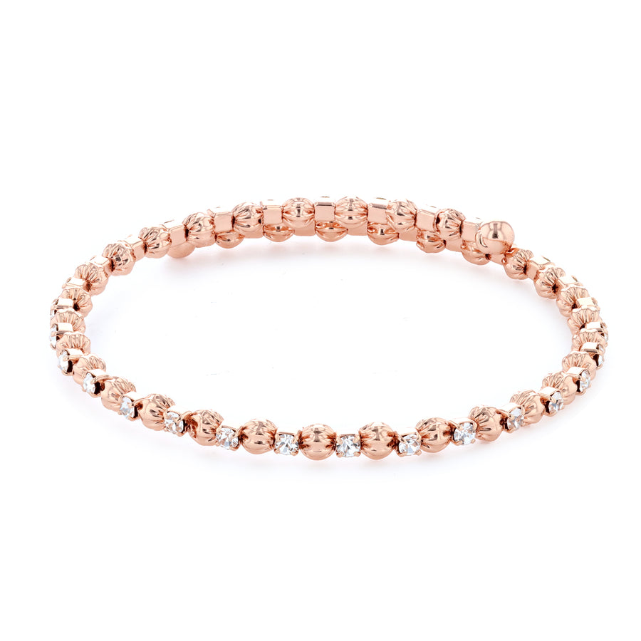 Rose Gold Bangle Bracelet with Clear Austrian Crystals and Textured Beads