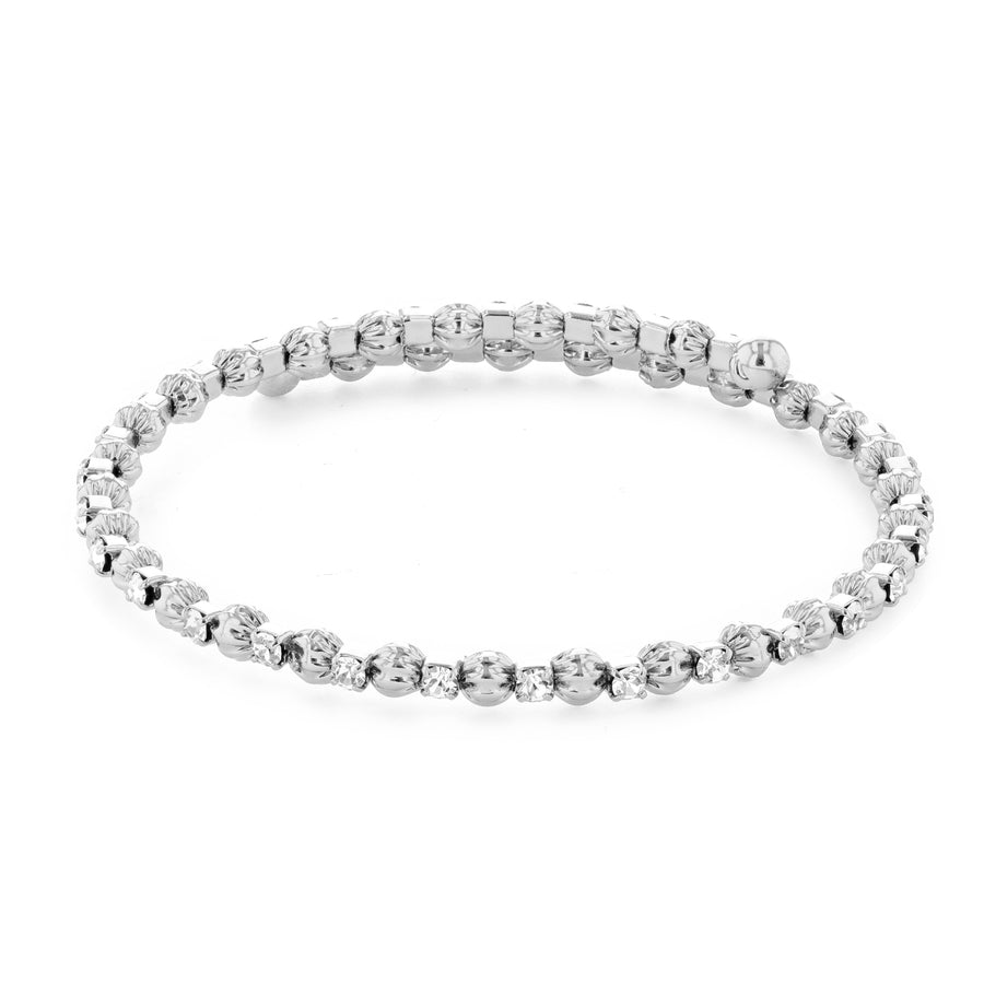 Silver Bangle Bracelet with Clear Austrian Crystals and Textured Beads