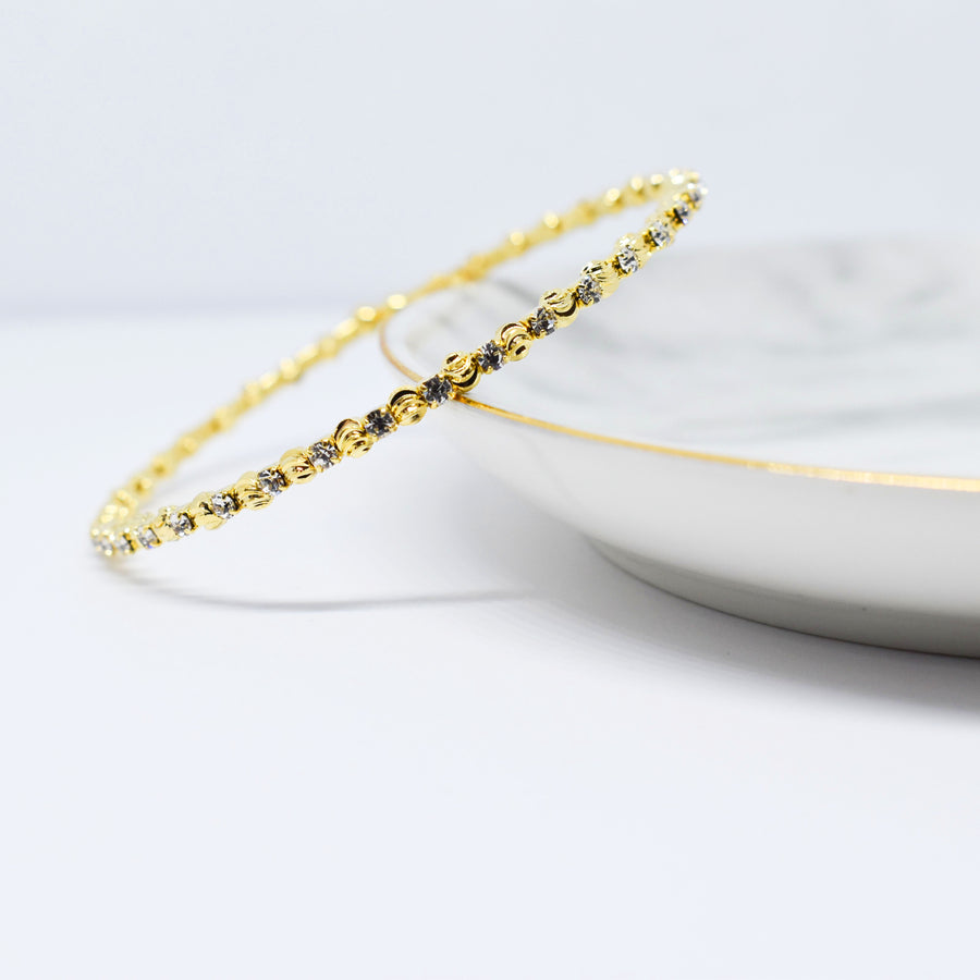 Gold Bangle Bracelet with Clear Austrian Crystals and Textured Beads