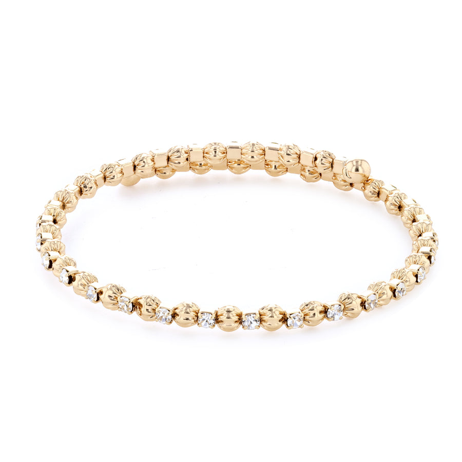 Gold Bangle Bracelet with Clear Austrian Crystals and Textured Beads